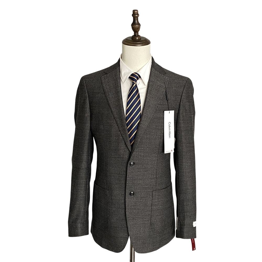 Calvin Klein Sport Coat Men's 36 Regular Slim-Fit Wool Charcoal Herringbone NEW